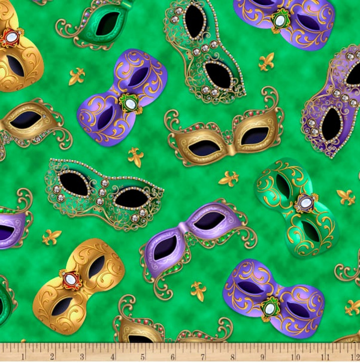 Mardi Gras Masks Tossed Green 28443-G Cotton Quilting Fabric