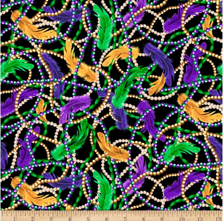 Mardi Gras Feathers and Beads Black 28444-J Cotton Quilting Fabric