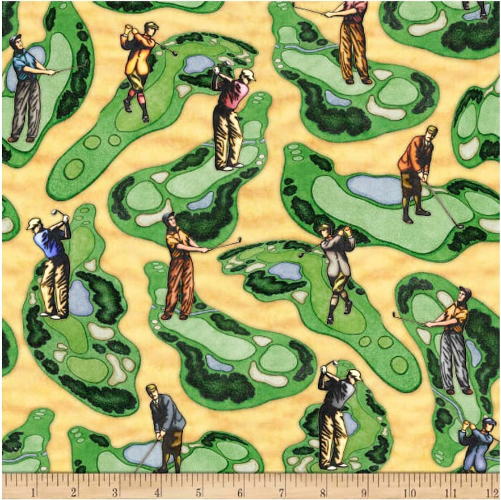 Chip Shot Golf Course Scenic Yellow Cotton Quilting Fabric
