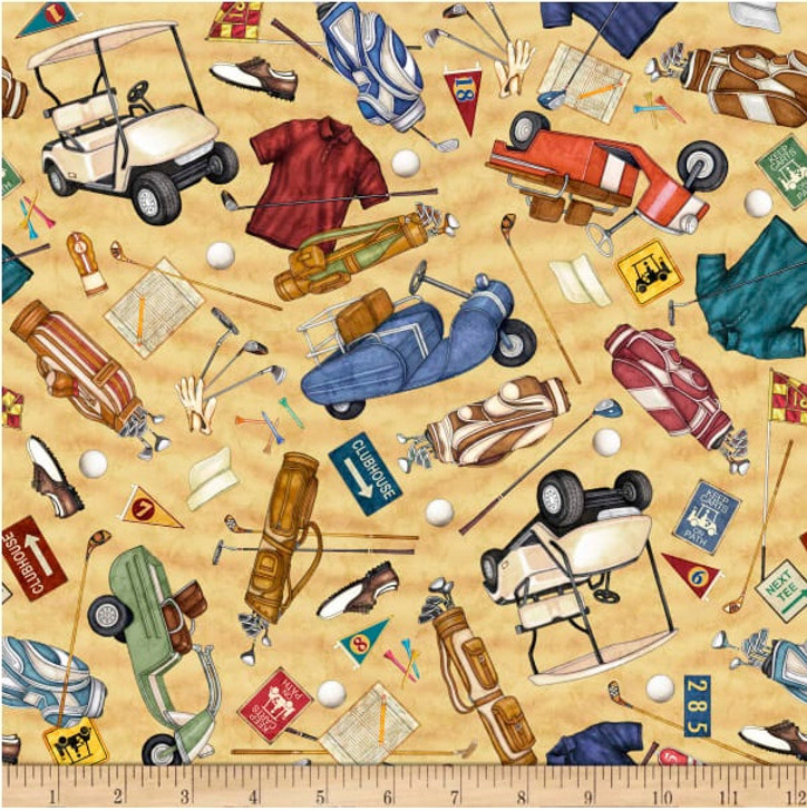 Chip Shot Golf Toss Yellow Cotton Quilting Fabric