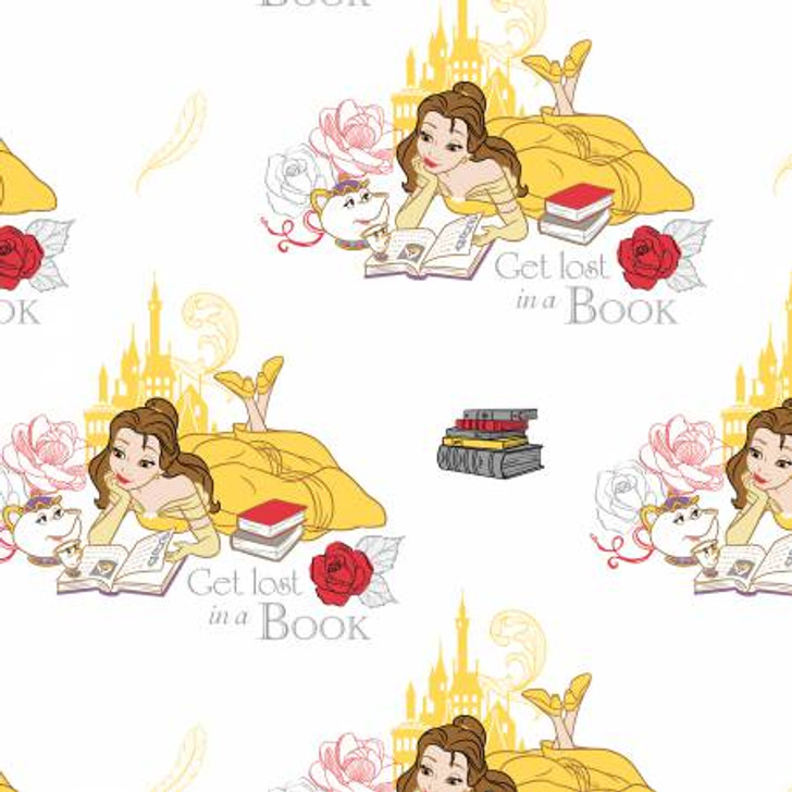 Disney Beauty and the Beast Lost in a Book White Cotton Quilting Fabric 1/2 YARD