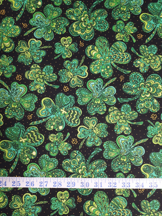 Irish Wishes Fancy Shamrocks Black Gold Highlights Cotton Quilting Fabric