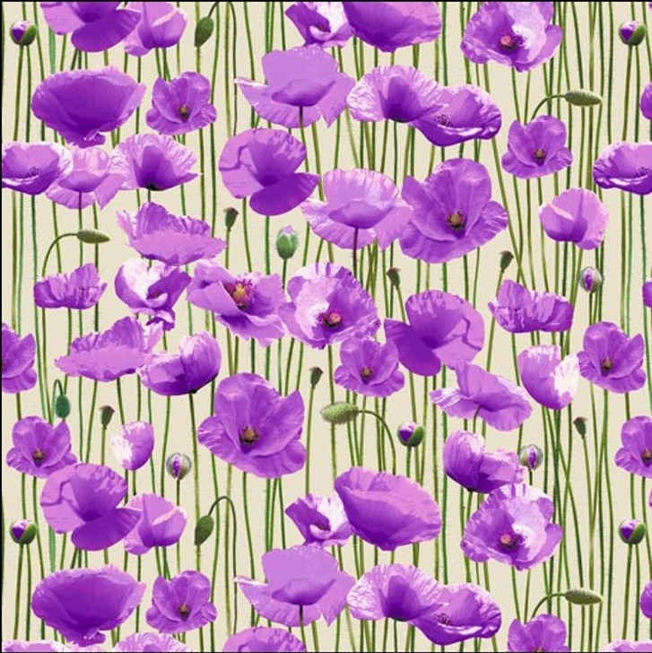 Animals of War Purple Poppy Field Cream Cotton Quilting Fabric