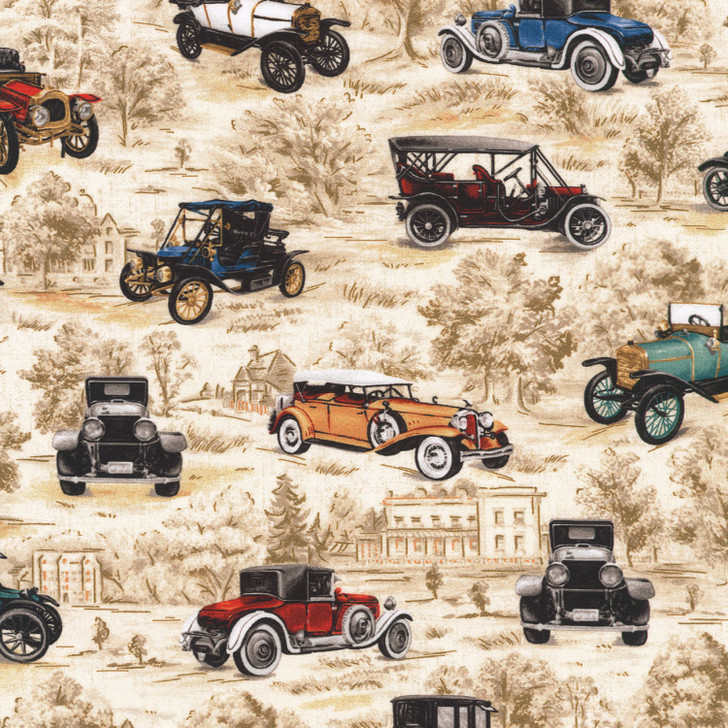 On the Road Cars Vintage Beige Cotton Quilting Fabric