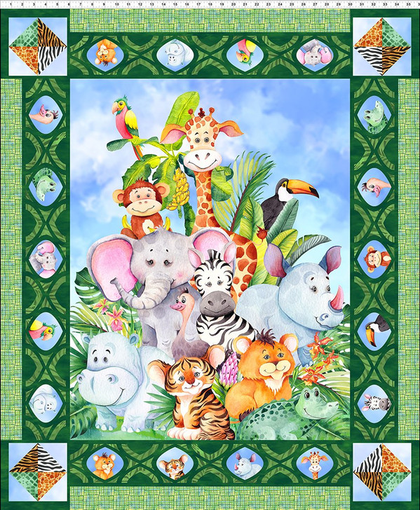 In The Beginning Jungle Friends Cotton Quilting Fabric Panel