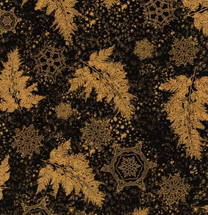 Holiday Flourish 12 Christmas Metallic Gold Leaves Black Background Cotton Quilting Fabric