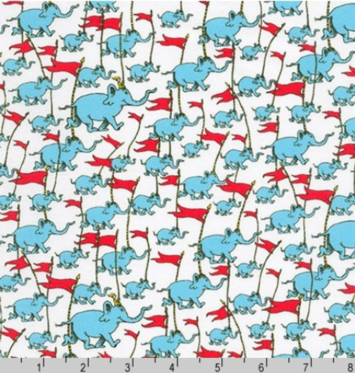 A Little Dr Seuss Celebration Elephants and Flags White Background Cotton Quilting Fabric