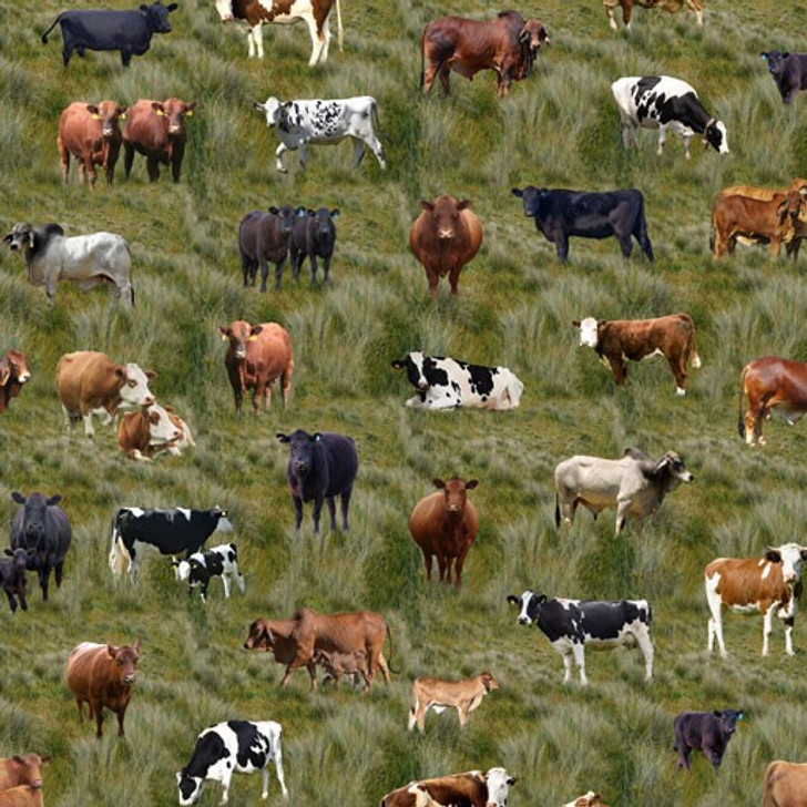 Cows Herd of Cows Green Grass Background Cotton Quilting Fabric
