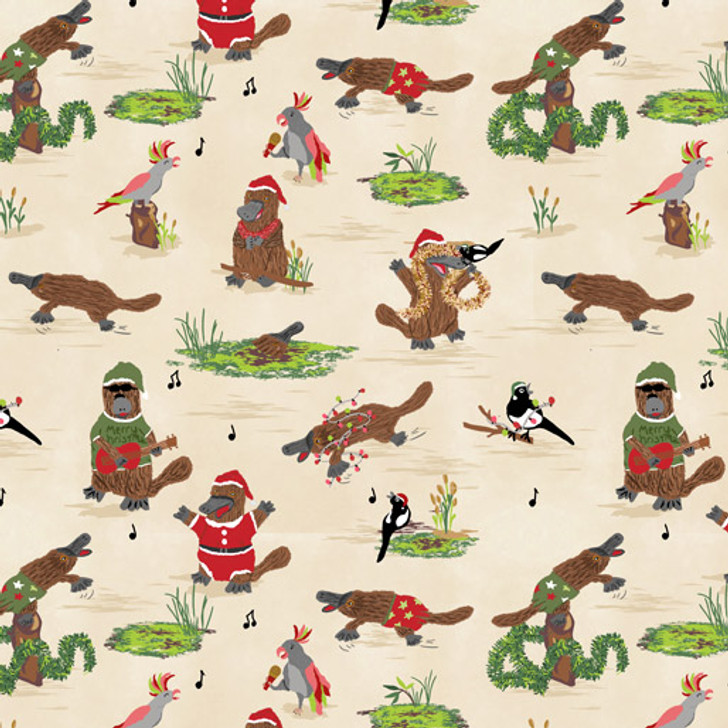 Merry Christmas Monotremes Platypus Beige Cotton Quilting Fabric