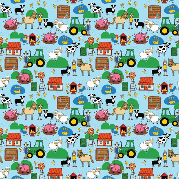 Happy Farm Animals and Farmlife Blue DV5079 Cotton Quilting Fabric