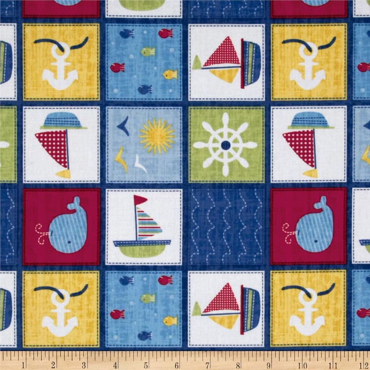 Ships Ahoy Patch Blue Cotton Quilting Fabric 1/2 YARD