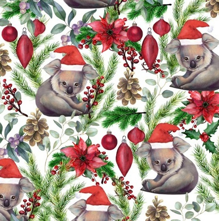 Aussie Christmas Koala White Unalloyed 1000E Cotton Quilting Fabric