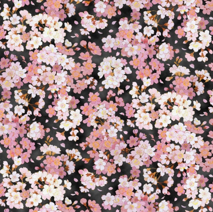 Asian Geiko Cherry Blossoms Small Black Gold Metallic Highlights Cotton Quilting Fabric