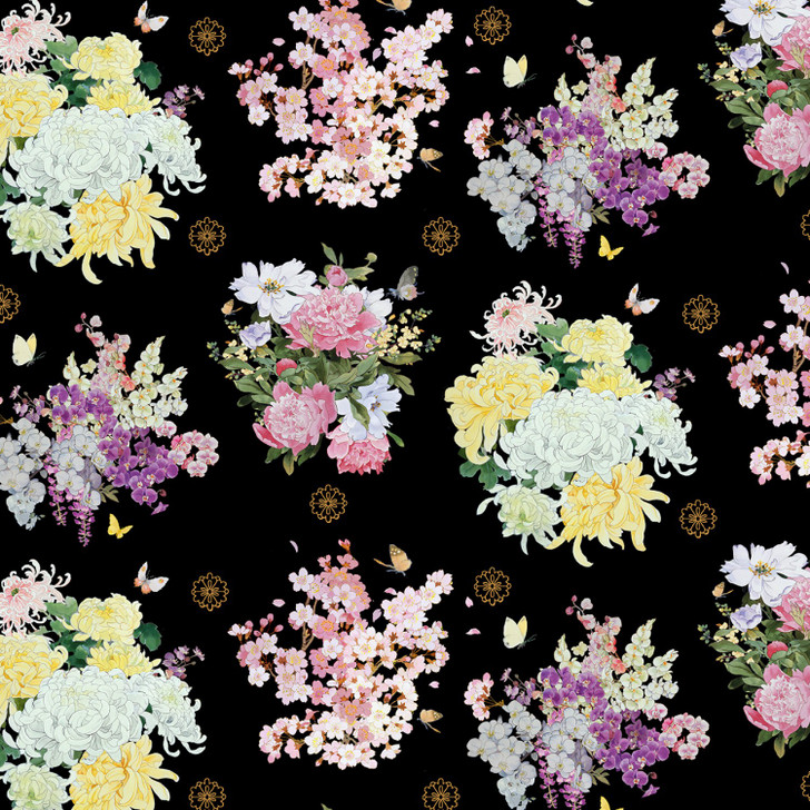 Asian Geiko Floral Bouquet Gold Metallic Highlights Black Cotton Quilting Fabric