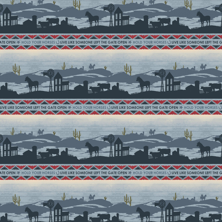 Hold Your Horses Ranch Landscape Denim Stripe Y3106-89 Cotton Quilting Fabric