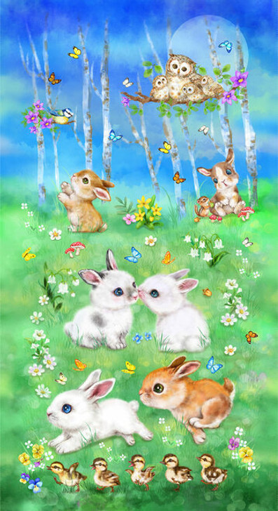 Bunny Meadows Bunnies Banner Green Cotton Quilting Fabric Panel