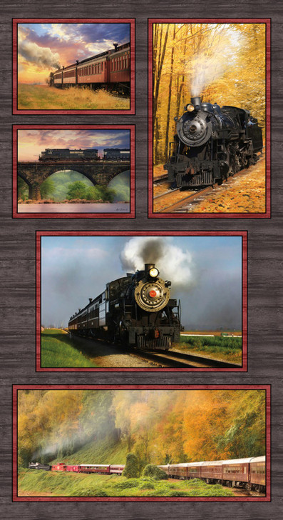 The Land I Love Trains On the Rails Multi Cotton Quilting Fabric Panel