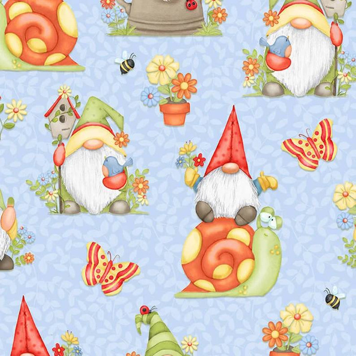 Gnome is Where Your Garden Grows Gnomes Allover Blue Cotton Quilting Fabric