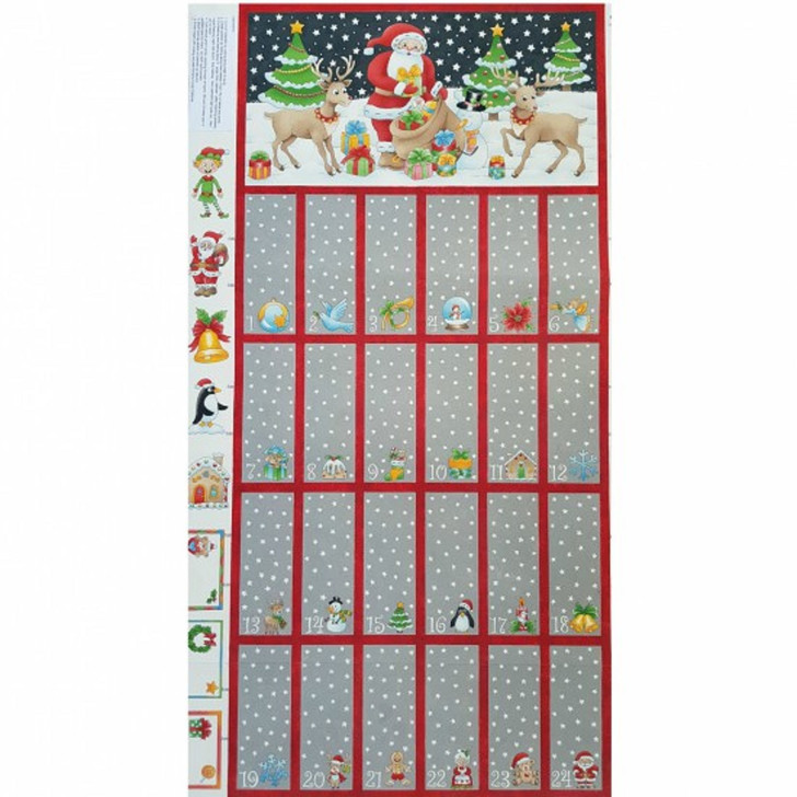 Father Christmas Santa Trees Reindeer Advent Calendar Cotton Quilting Fabric Panel