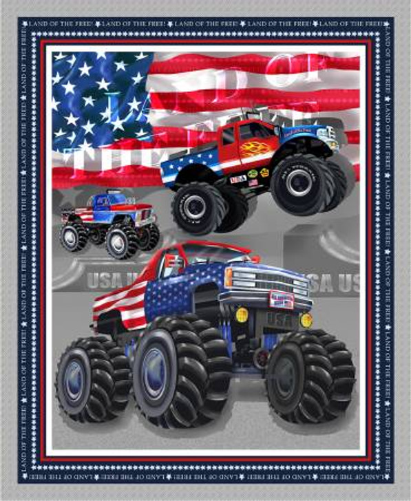 American Truckers Monster Trucks Silver Cotton Quilting Fabric Banner Panel