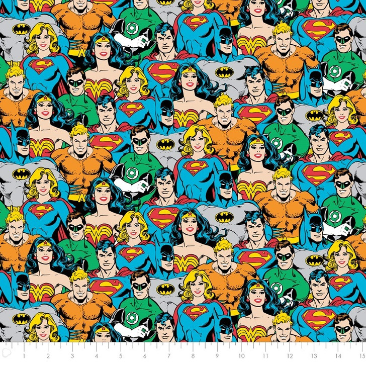 Superman Batman Wonder Woman Superhero Crowd Multi Cotton Quilting Fabric 85cms