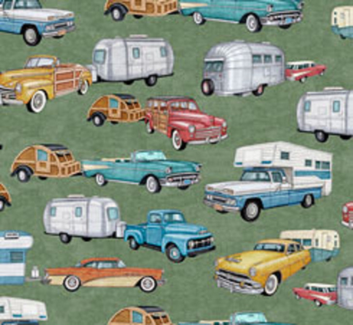 Back Country Cars Caravans Vintage Green Cotton Quilting Fabric 1/2 YARD