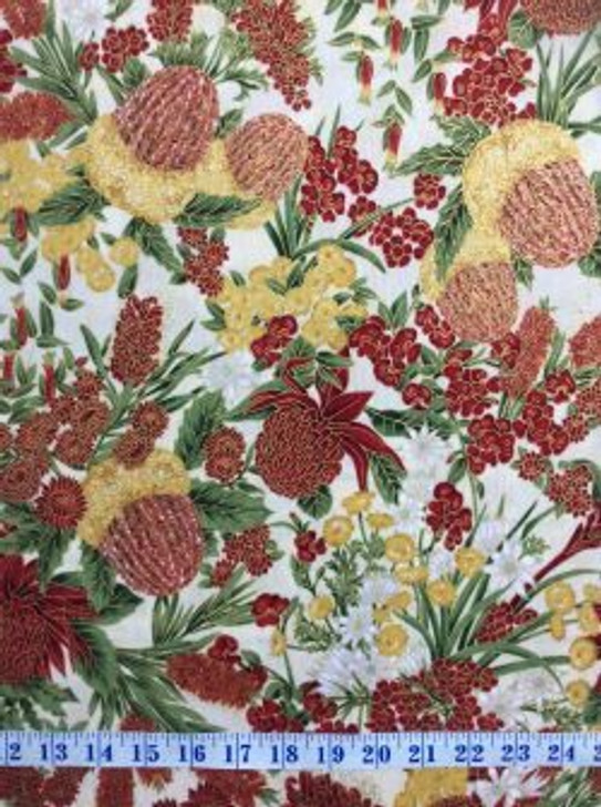 Under The Australian Sun Native Flowers Red Ivory Floral Metallic Highlights Cotton Quilting Fabric 55cms