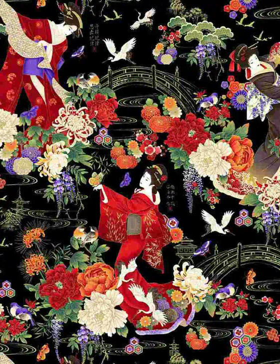 Koko Geishas in Garden with Bridge Metallic Highlights Black Cotton Quilting Fabric