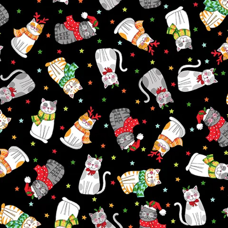 Santa Paws Christmas Cats Scattered Black Cotton Quilting Fabric