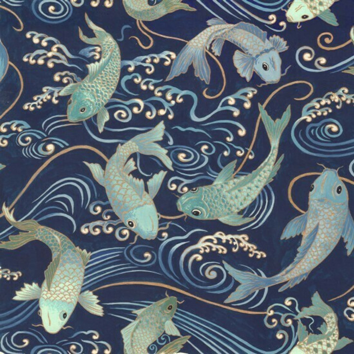 Yukata Koi Fish Dark Royal Blue Gold Metallic Highlights Cotton Quilting Fabric 75cms