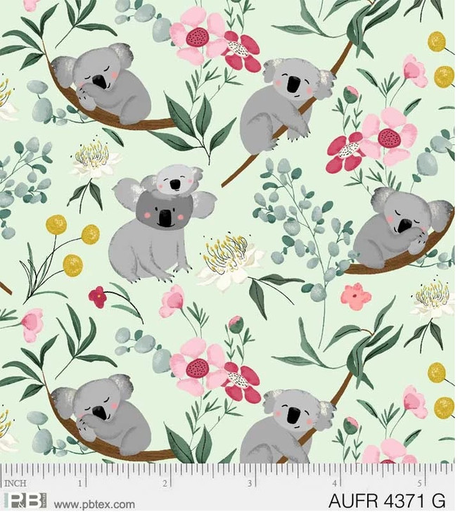 Aussie Friends Koalas Green Cotton Quilting Fabric