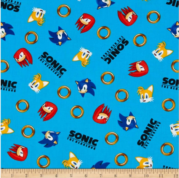 Sonic the Hedgehog Sonic with Rings Blue Cotton Quilting Fabric