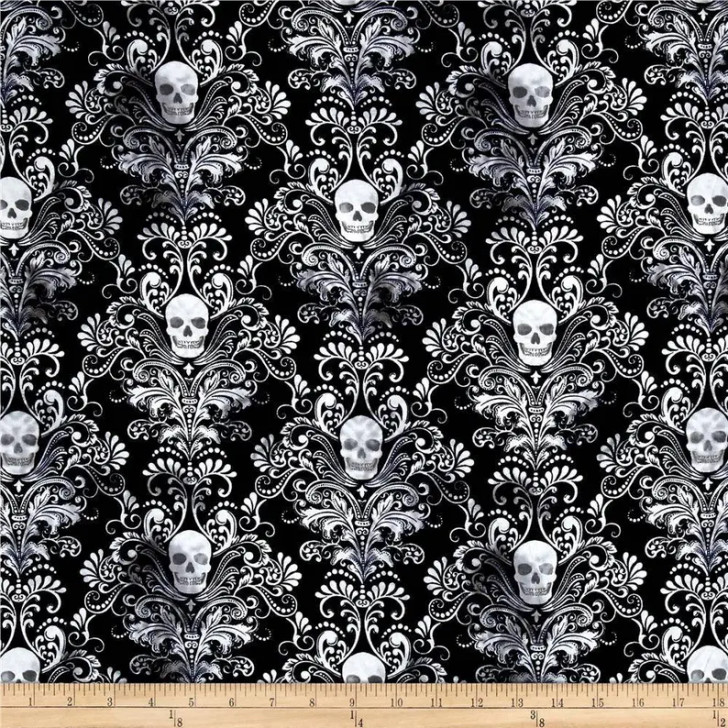 Wicked Eve Skull Damask Black Cotton Quilting Fabric