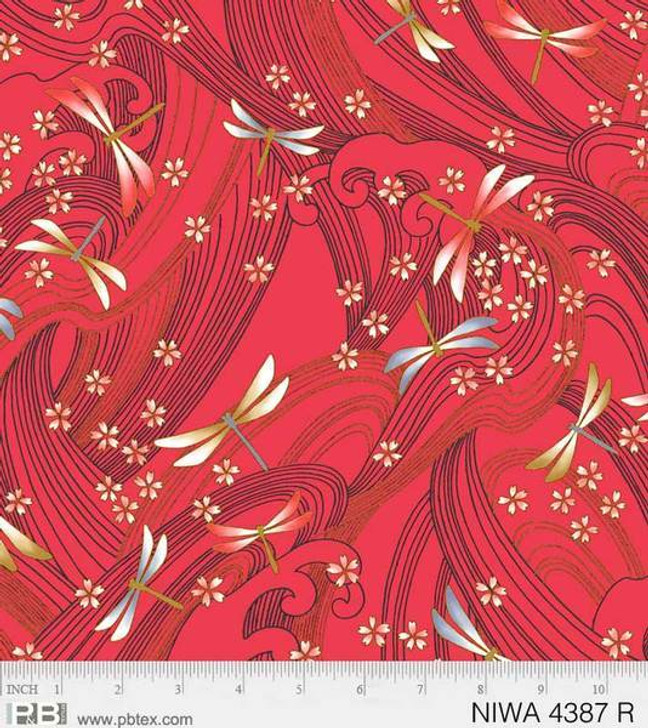 Niwa Dragonflies Red Metallic Highlights Cotton Quilting Fabric