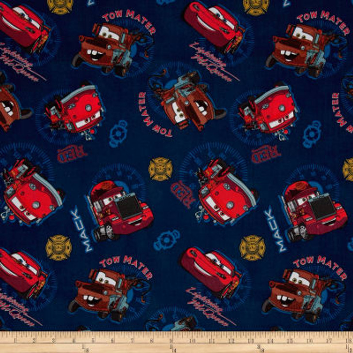 Disney Cars Allover Blue Pixar Cars Tow Mater Mack Red Cotton Quilting Fabric 1/2 YARD