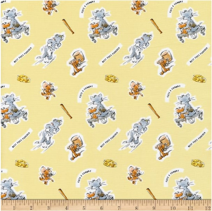 Tom and Jerry Foes Forever Yellow Cotton Quilting Fabric