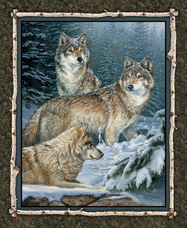 Wild Wings Contemplation Wolves Snow Scene Cotton Quilting fabric Panel