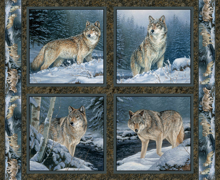 Wild Wings Contemplation Wolves in the Snow Cotton Quilting fabric Pillow Panel