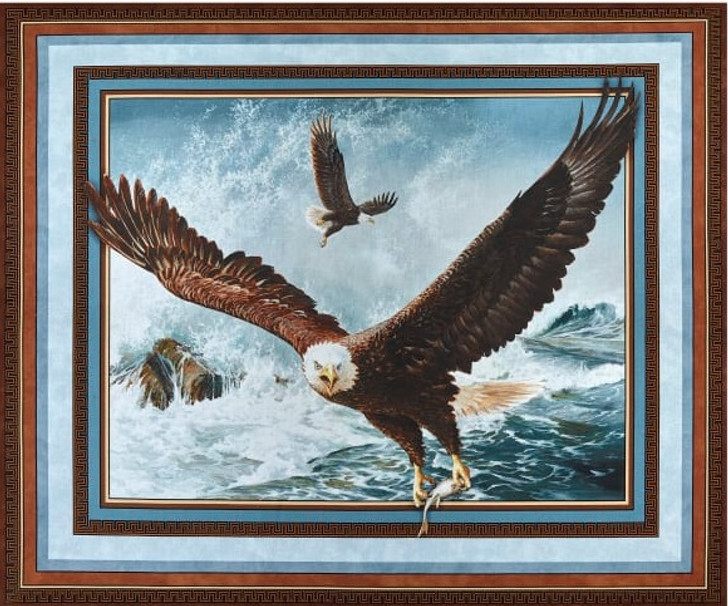 Wild Wings Quest of the Hunter Eagles Over the Water Cotton Quilting Fabric Panel