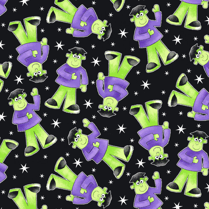 Here We Glow Frankenstein Toss Black Halloween Cotton Quilting Fabric