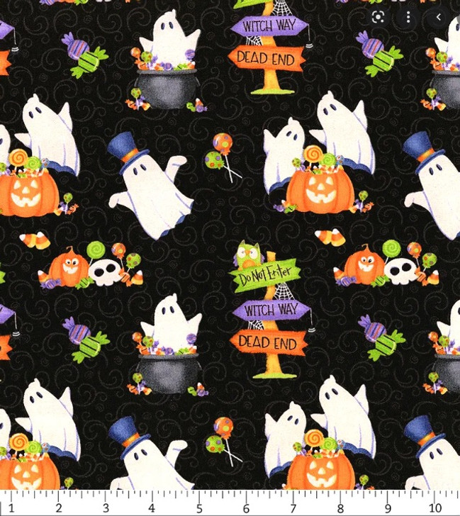Here We Glow Ghosts Allover Black Halloween Cotton Quilting Fabric