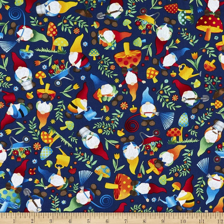 Gnome Worry Be Happy Woodland Gnomes Tossed Navy Cotton Quilting Fabric