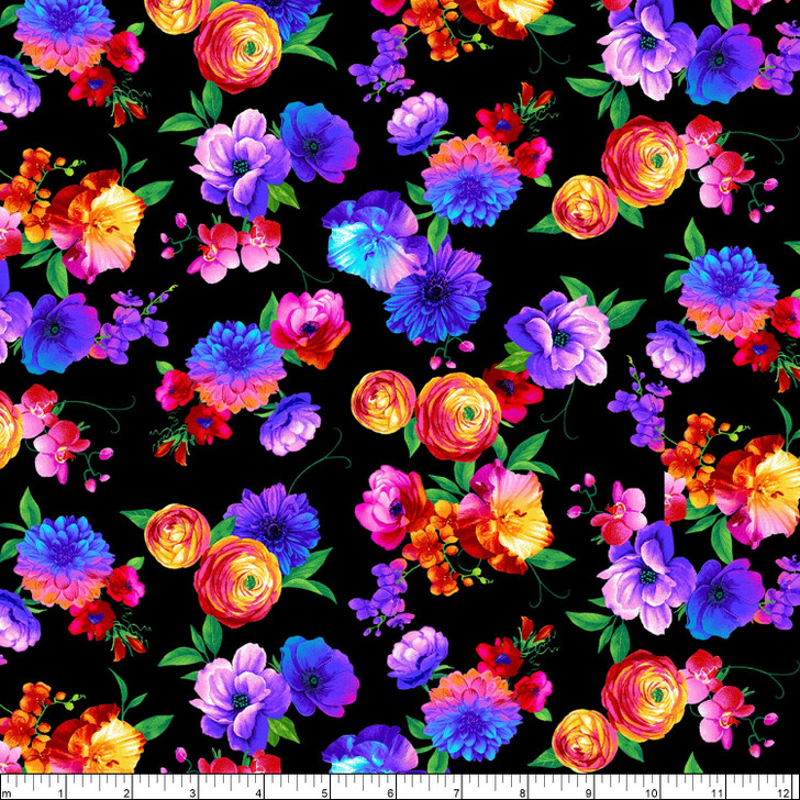 Butterfly Magic Bright Florals Flowers Black C8532-BLK Cotton Quilting Fabric