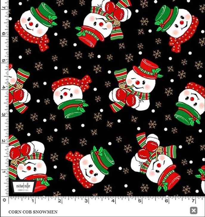 Vintage Holiday  Christmas Corn Cob Snowmen Metallic Highlights Black Cotton Quilting Fabric