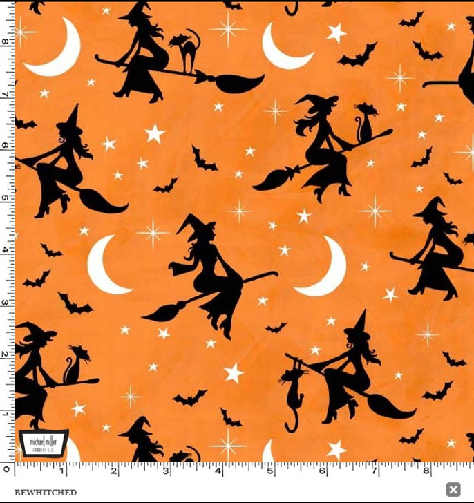 Hocus Pocus Bewitched Witch Silhouette on Broom Orange Cotton Quilting Fabric