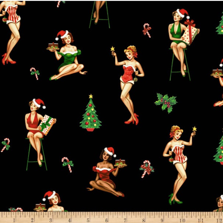 Under the Mistletoe Christmas Darlings Black Cotton Quilting Fabric