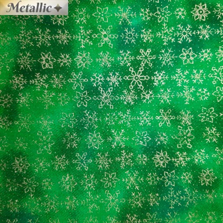 Christmas Holiday Joy Snowflakes Green Metallic Cotton Quilting Fabric