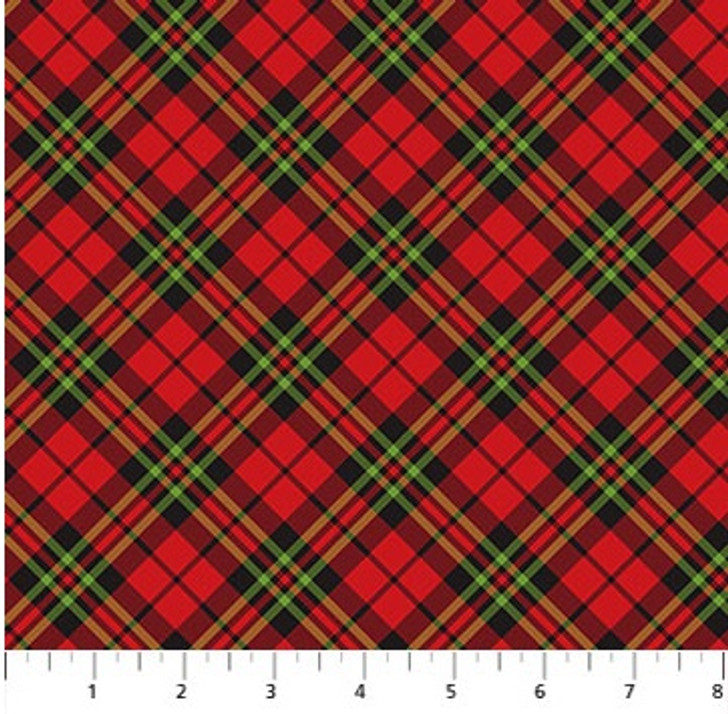 Howdy Christmas Diagonal Plaid Red Multi Cotton Quilting Fabric