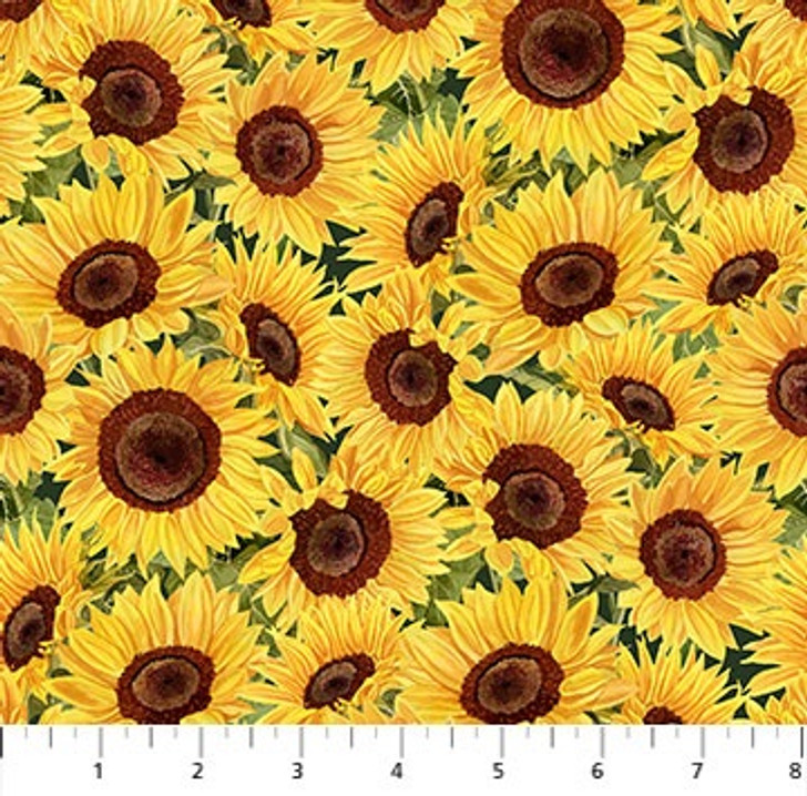 Autumn Afternoon Sunflowers Packed Yellow Cotton Quilting Fabric