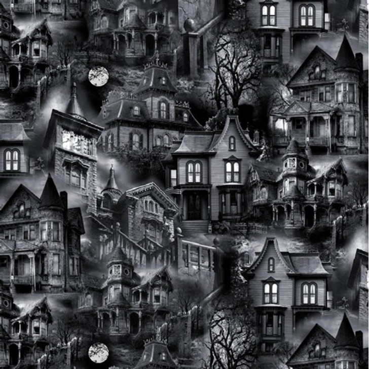 Wicked Eve Haunted Houses Black and White Cotton Quilting Fabric